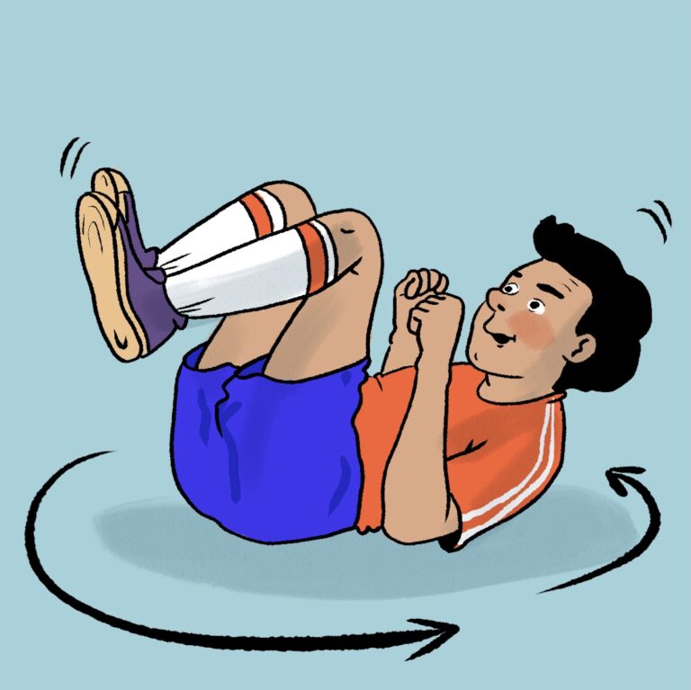 Illustration av ett barn som ligger på rygg i ett ihoprullat läge med knäna uppdragna mot bröstet, armarna böjda och huvudet lyft från golvet. Barnet gungar runt i en cirkel, vilket markeras av en svart pil som rör sig runt kroppen. Barnet bär orange tröja, blå shorts, vita knästrumpor med ränder och lila skor. Bakgrunden är ljusblå.