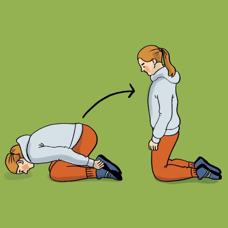 Illustration av ett barn som rör sig från barnets position (vilande framåtböjd på knä) till en upprätt knäsittande position. Till vänster syns barnet framåtlutat med pannan i golvet, armarna längs sidorna och händerna runt fötterna. Till höger sitter barnet rakt upp på knä med armarna längs sidan. Barnet bär grå hoodie, orange byxor och mörka skor. En svart pil visar rörelseriktningen. Bakgrunden är grön.